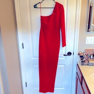 One shoulder, long sleeve, red formal dress